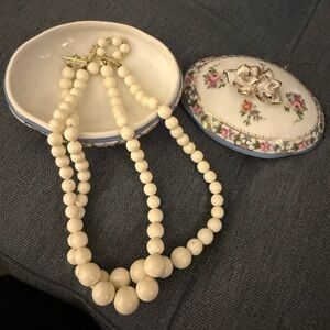 Vintage Porcelain Gold Gilded Oval Covered Trinket Box with Necklace.